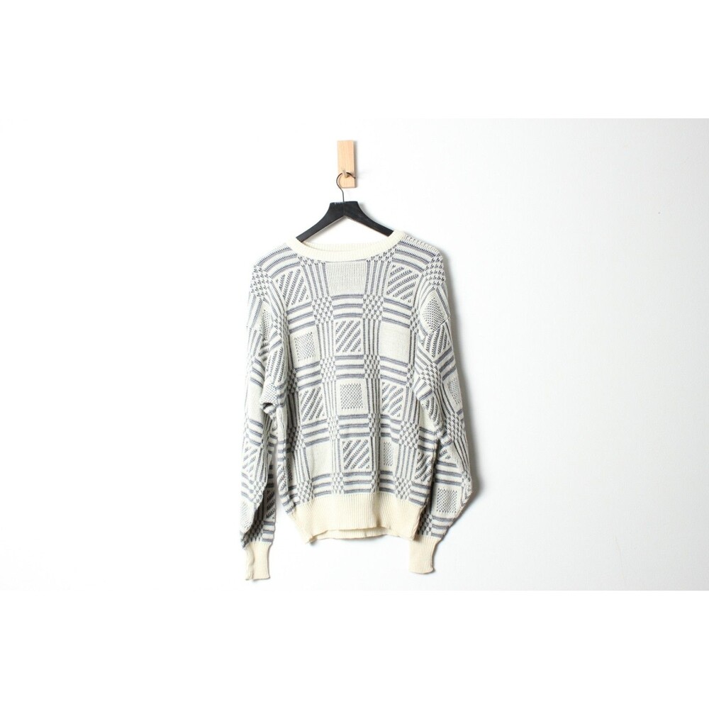 Vintage 90s London Fog Navy and Cream Geometric Sweater - Large